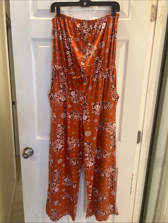 No Boundaries Pants - No Boundaries Orange Floral Strapless Jumpsuit with Pockets